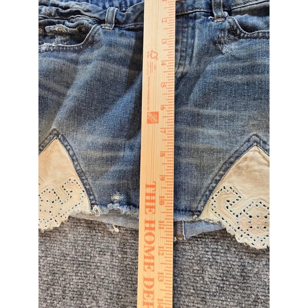 Free People Denim Mini Skirt Womens 6 Blue Lace Inset Boho Festival